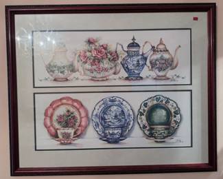 framed and double-matted Frankie Buckley print of teapots, cups, and saucer