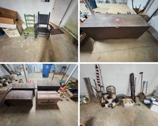 dome-top steamer trunks (one pink floral), primitive wooden blanket chest, ladder-back chair, woven-seat rocker, stoneware crocks and jugs, galvanized tub, walking canes, and hand tools