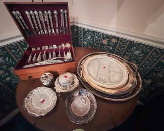 Reed and Barton Tara, silver-plate trays, roll-top domed server, divided glass relish tray, and small bowls