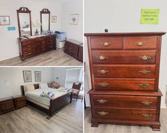 traditional dark cherry wood bedroom set: sleigh bed, long dresser with two mirrors, chest-on-chest, and two nightstands, with brass batwing drawer pulls