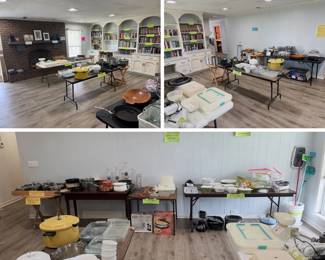 stainless and cast iron cookware, enamel Dutch oven, vintage yellow pressure cooker, glass bakeware, cornflower casseroles, copper molds, oil lamps, and small appliances