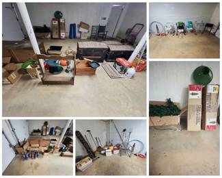 artificial Christmas trees and stand, wooden gun rack, brass chandelier, wooden crate, wallpaper steamer, lantern, inline skates, garden tools, coolers, walkers, rollator