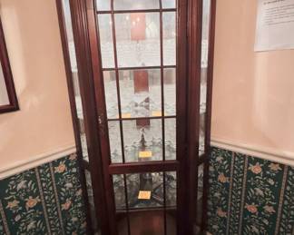77" lighted Queen Anne corner curio cabinet filled with Fostoria American stemware