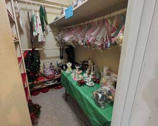 bagged ornament lots, GE commercial-grade lights, wreaths, bead garlands, holiday linens, figurines, and Christmas dishes