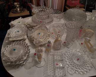 Fostoria Glass Company American Pattern (candlesticks, salt and pepper shakers, divided relish dishes, and glassware)