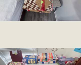 handmade quilts and an upholstered accent chair
