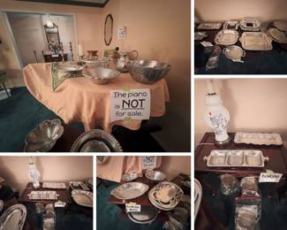 pewter serving bowls, trays, and platters; brass candlesticks; blue-and-white floral lamp; side tables; and clear glass dessert plates. The piano is NOT for sale.