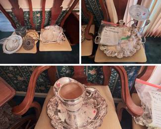 Bouquet by Embassy silver plate flatware, plus silver-plate candelabra with glass bowl, ornate serving trays, water pitcher, pierced bowls, salt spoons, and boxed Sheridan piece