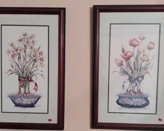 Pair of framed Frankie Buckley floral prints: narcissus and tulips in bowls