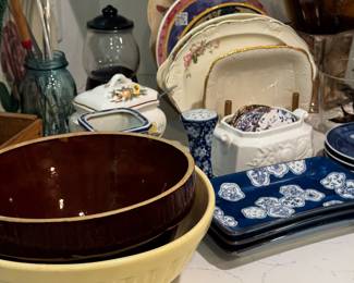 Yellow ware bowls, serving dishes, ball jars, antique dishes 