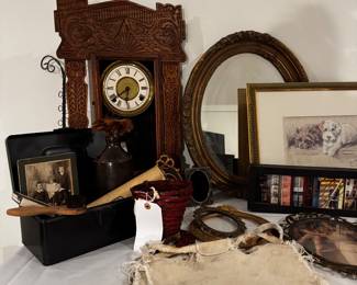 Antique photos, mirrors, art, clock, frames 