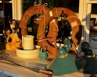 Vintage life preservers, owl lamp base, industrial lights