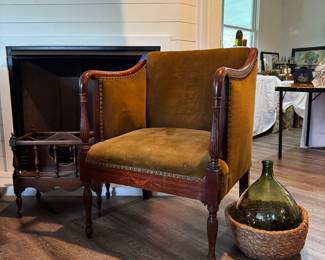 Antique French demijohn, pair antique velvet club chairs, wood magazine holder