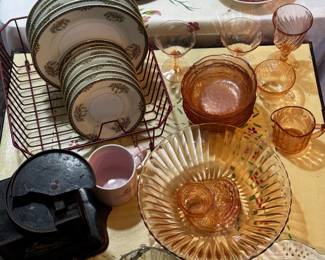 Pink depression glass, antique dishes, metal scale 