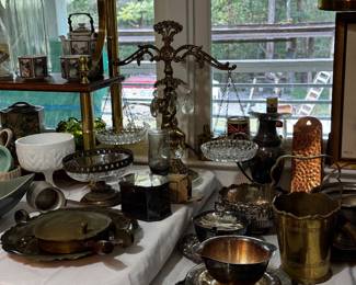Silver plate, scale, milk glass, brass