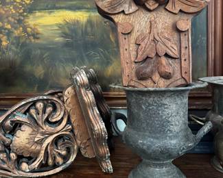 Champagne holder, wood shelves, carved wooden plaque