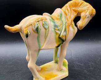 Signed Vintage Crackle-Glazed Porcelain Horse Figurine — Chinese Tang Dynasty Sancai Pottery Style