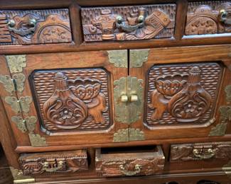 Two Asian Carved Wood Chests with Brass Accents 