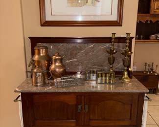 Vintage Wooden and Marble Buffet Cabinet