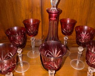 Nachtmann Nierstein cranberry crystal decanter and wine glasses