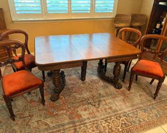 Barley Twist Dining Table with Leaves and Beautiful Victorian Rosewood Balloon Back Chairs Mid 19th Century