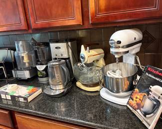 KitchenAid Mixer, Sunbeam Vintage Mixer, Cuisinart Coffee Maker, Cusinart Food Processor and Ninja Blender