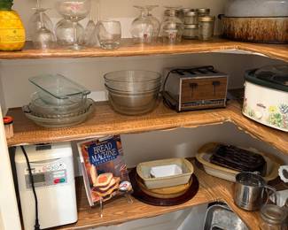 Baking Pans, Bread Maker, Toaster, Two Crock Pots, Pyrex and Pampered Chef 