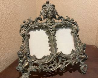 Antique Victorian Rococo Baroque Brass Cherub Double Picture Frame 