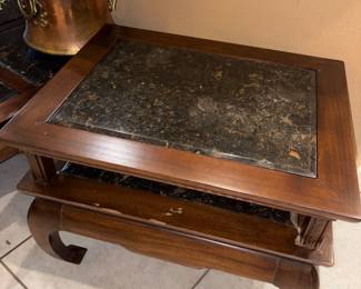 Pair of Asian Wooden and Marble End Tables and also Coffee Table 