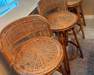 Four Vintage Coastal Bamboo Rattan Swivel Bar Stools 