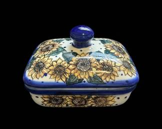Polish Pottery Sunflower Pattern Covered Butter Dish  Ceramika Artystyczna UNIKAT second image