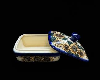 Polish Pottery Sunflower Pattern Covered Butter Dish  Ceramika Artystyczna UNIKAT
