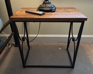 Industrial Style Metal and Wood Side Table with Decorative Scrollwork
