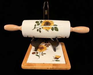 Vintage Sunflower Ceramic Rolling Pin and Trivet Set