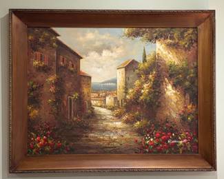 Raymondo Mediterranean Floral Street Scene Oil Painting
