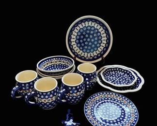 Blue Rose Polish Pottery Flowering Peacock Dinnerware Set