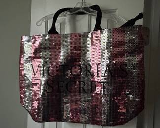 Victorias Secret Pink  Silver Sequin Striped Tote Bag