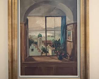 Oil Painting of European Townscape through Arched Window