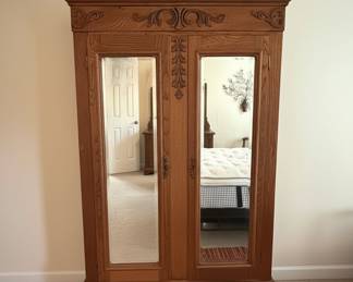 Victorian Antique Oak Armoire with Beveled Mirrors