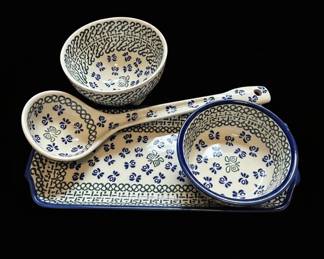 Polish Pottery Serving Set  Blue Floral Pattern