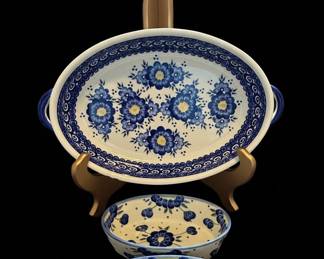 Polish Pottery Boleslawiec Blue Floral Egg Plate and Serving Set second image