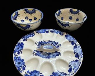 Polish Pottery Boleslawiec Blue Floral Egg Plate and Serving Set