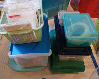 Lot 35: Craft Storage Bins with Beads, Bags, Tape, and Craft Supplies