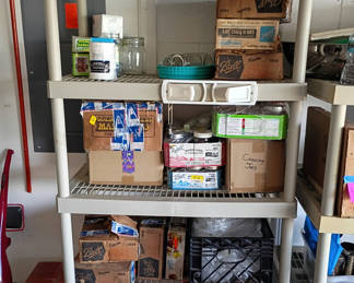 Lot 63: Assorted Ball Mason Jars and Canning Supplies With Storage Shelf