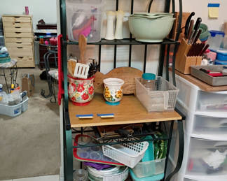 Lot 196: Bakers Rack with Kitchen Storage Containers and Utensils