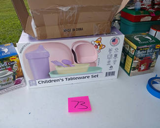 Lot 102: Children's Tableware Set, Butter Bell Crock and Spreader Sets, and Kitchen Utensils