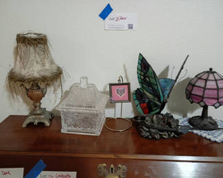 Lot 23: Decorative Lamps, Glass Container, Butterfly Light, and Framed Heart Decor