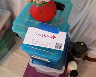 Lot 43: Craft Supplies, Decorative Figurines, and Storage Containers