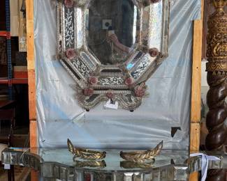 Mirrored Console & Venetian Mirror w/Pink Flowers