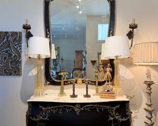 Black & Gold Mirror & Chest w/Marble Top